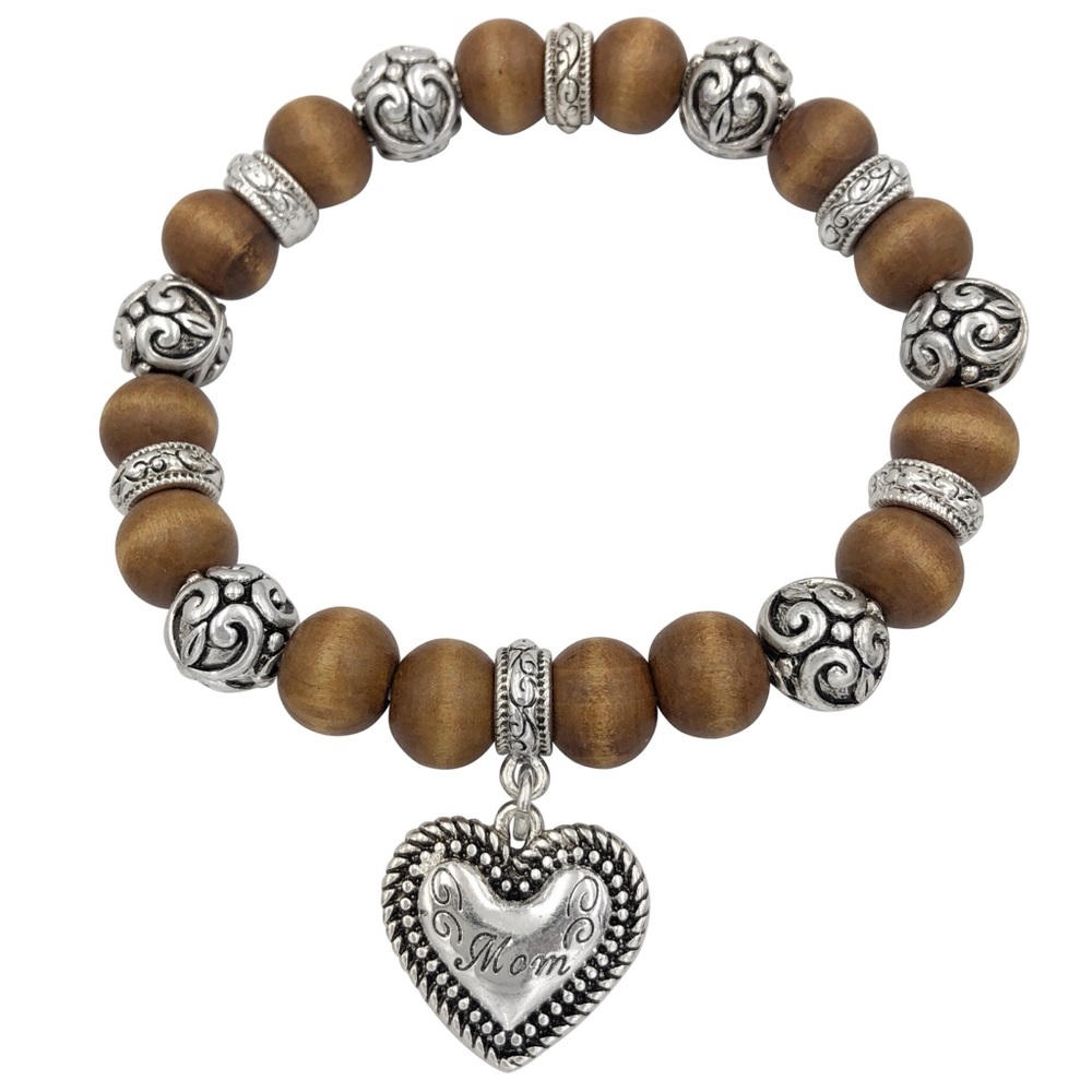 Silver Tone and Brown Wood Bead MOM Heart Charm Bracelet